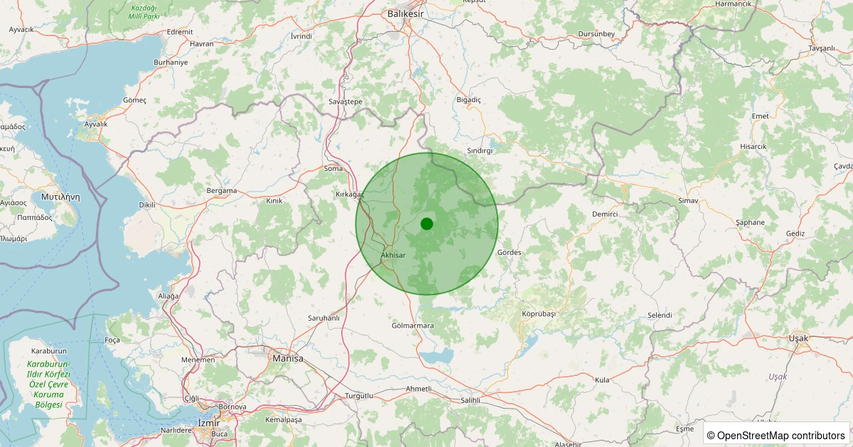 13 Kasım 2025 saat 11:27 - Akhisar - Muştular Köyü - 1.10ml depreminin harita gösterimi