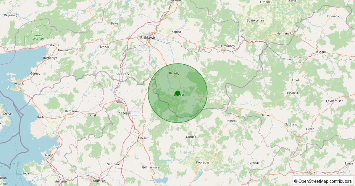 13 Kasım 2025 saat 12:34 - Sındırgı - Kurtuluş - 1.50ml depreminin harita gösterimi