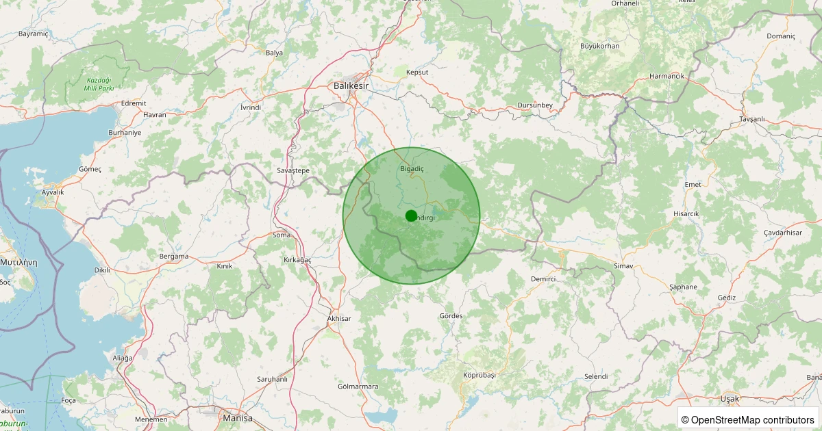 13 Kasım 2025 saat 19:30 - Sındırgı - İbiller - 2.30ml depreminin harita gösterimi