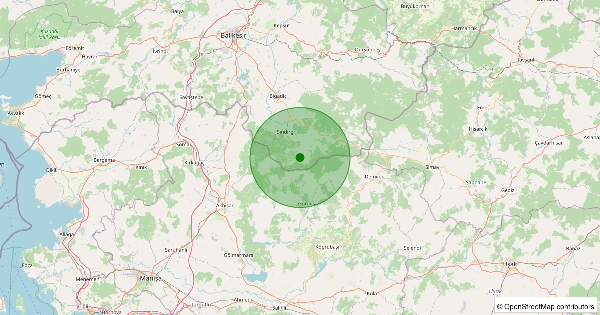 13 Kasım 2025 saat 22:11 - Sındırgı - Yüreğil/Alan - 1.90ml depreminin harita gösterimi