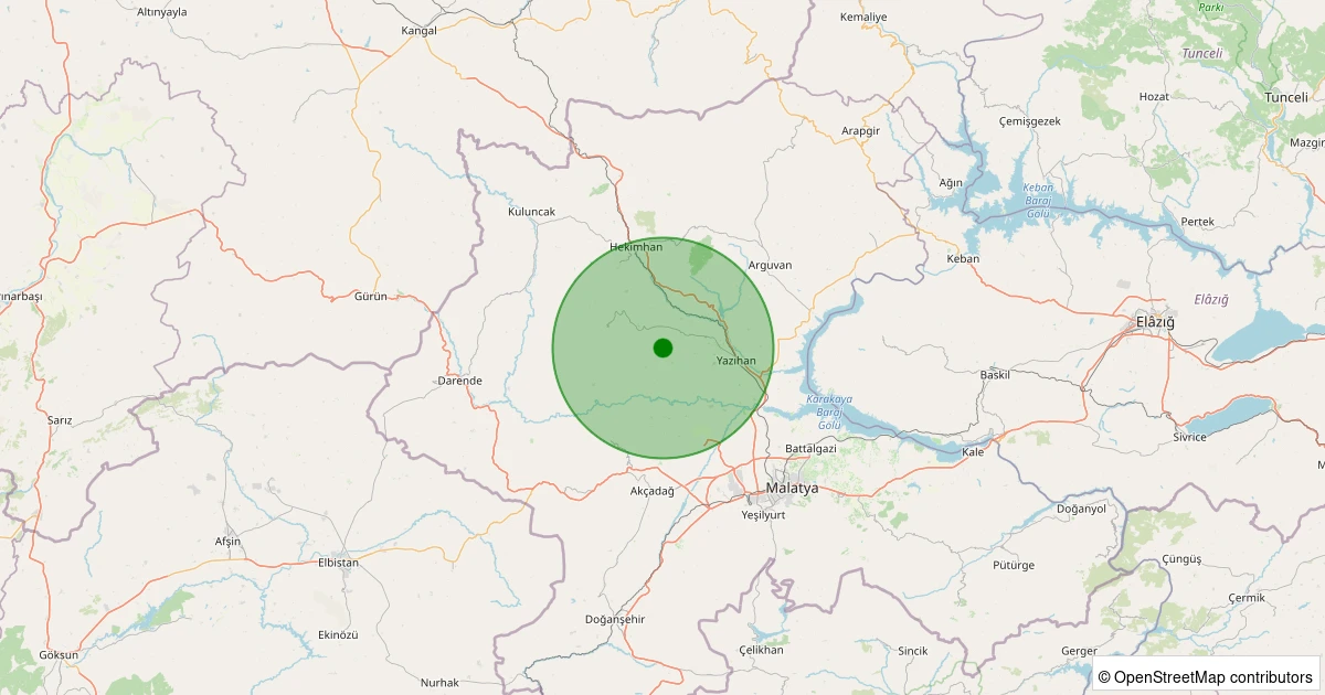 13 Kasım 2025 saat 22:35 - Yazıhan - Tahtalı - 1.10ml depreminin harita gösterimi