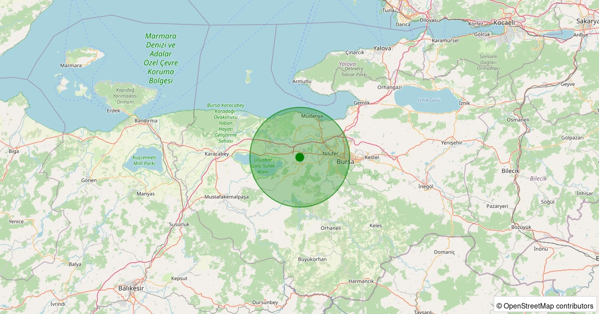 14 Kasım 2025 saat 01:49 - Nilüfer - Kayapa/İstiklal - 1.90ml depreminin harita gösterimi