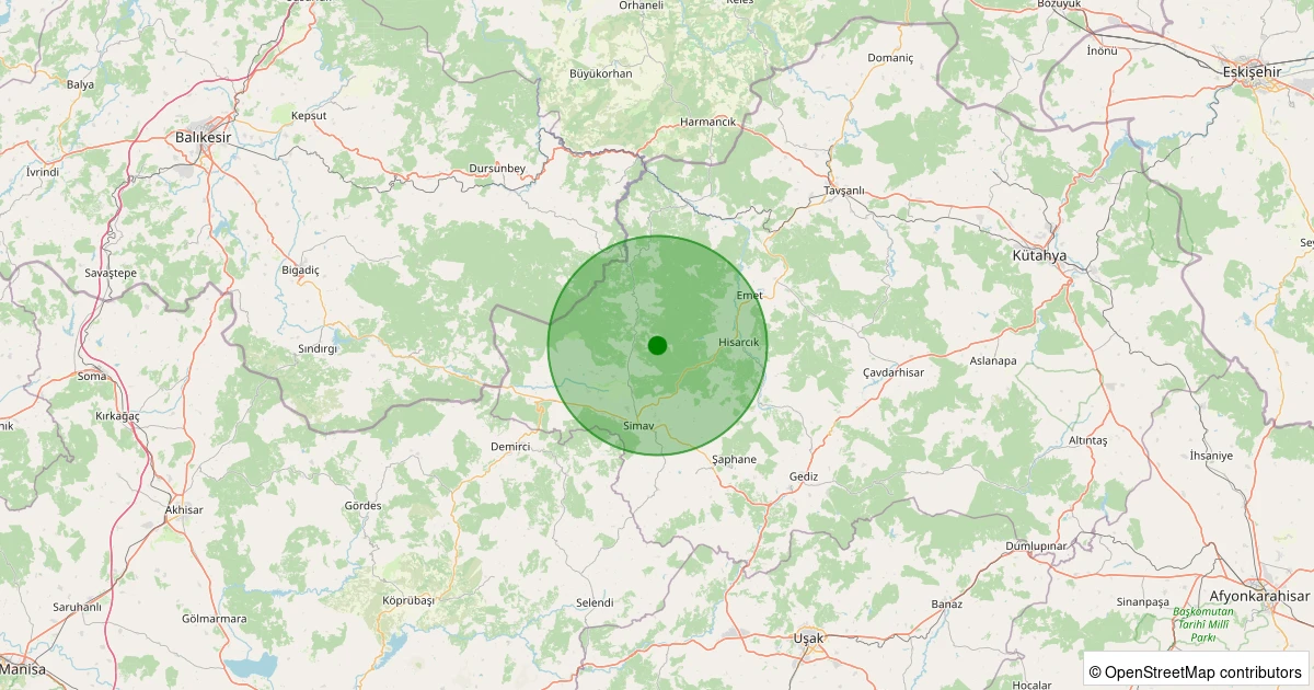 14 Kasım 2025 saat 10:00 - Simav - Yeşildere Köyü - 2.00ml depreminin harita gösterimi