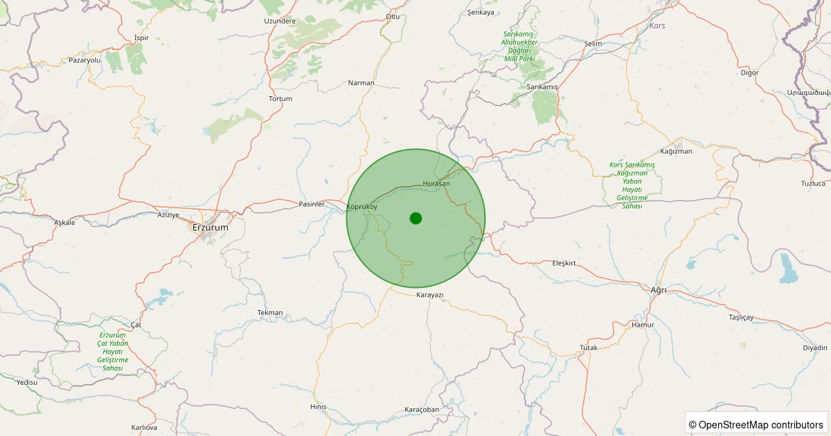 14 Kasım 2025 saat 20:27 - Köprüköy - Yukarı Kızılca - 1.80ml depreminin harita gösterimi