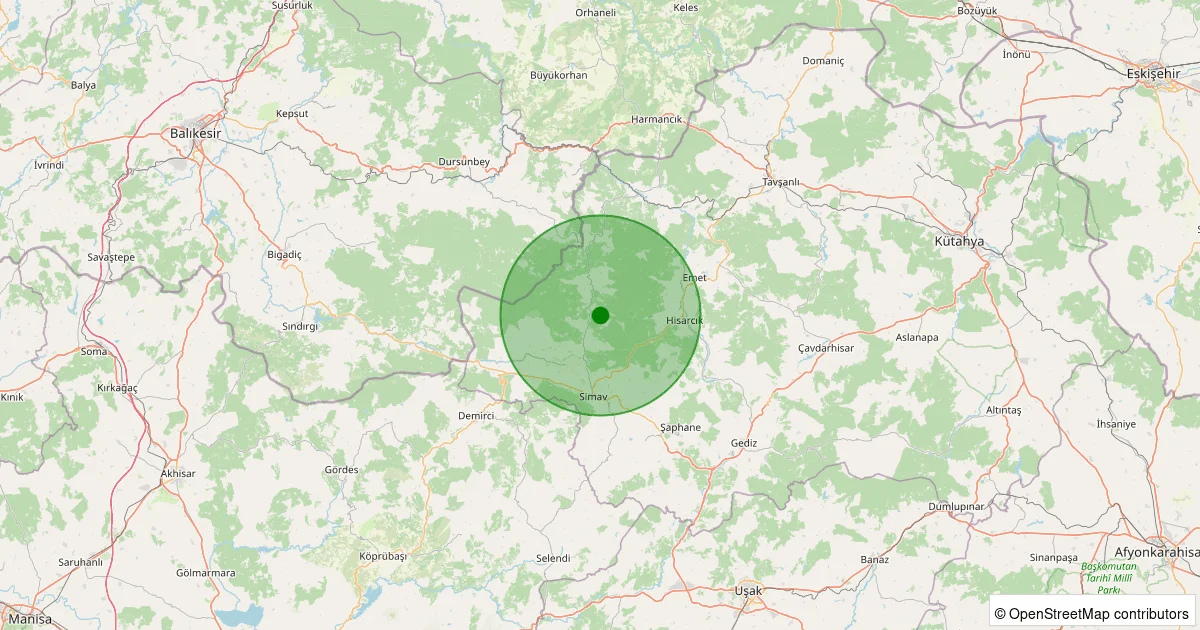 10 Ekim 2025 saat 10:45 - Simav - Yeşildere Köyü - 1.00ml depreminin harita gösterimi