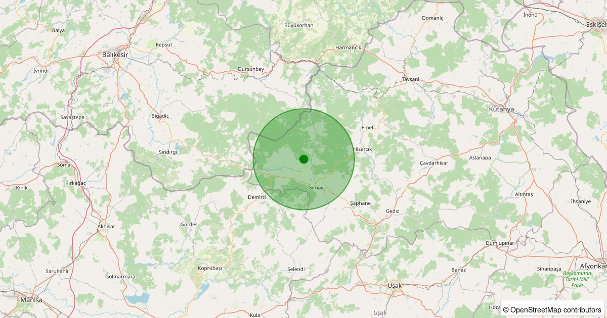 15 Kasım 2025 saat 09:10 - Simav - Koyunoba Köyü - 1.00ml depreminin harita gösterimi