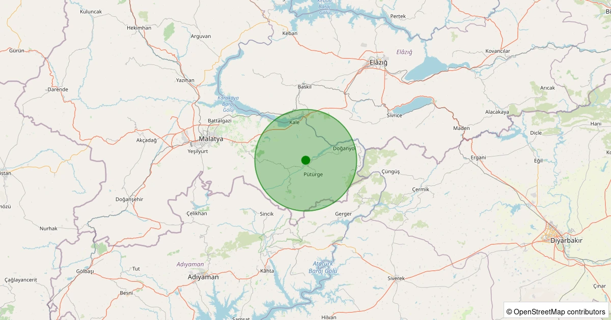 15 Kasım 2025 saat 19:30 - Pütürge - Aktarla Köyü - 1.30ml depreminin harita gösterimi