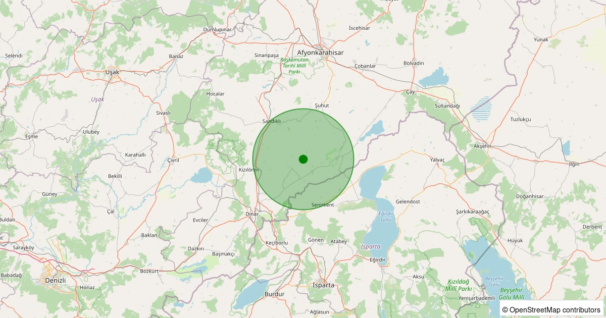 15 Kasım 2025 saat 23:33 - Dinar - Göçerli Köyü - 1.70ml depreminin harita gösterimi