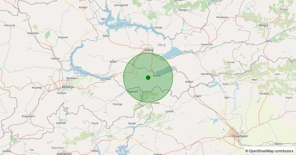 16 Kasım 2025 saat 11:33 - Sivrice - Kürk Köyü - 1.30ml depreminin harita gösterimi
