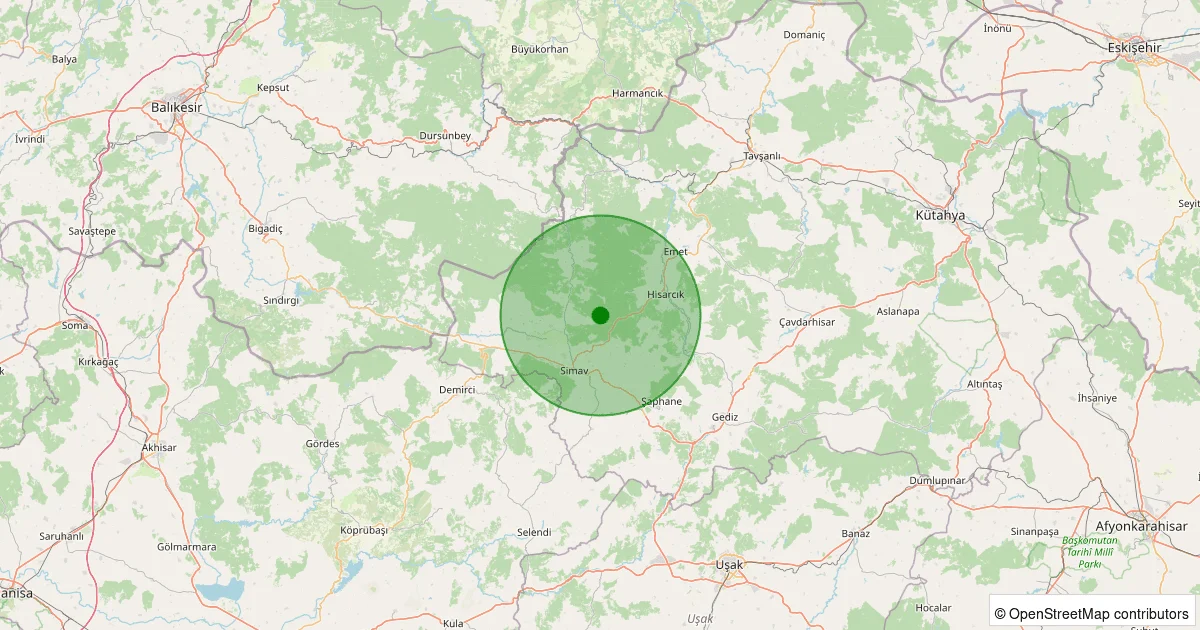 10 Ekim 2025 saat 15:46 - Simav - Yemişli Köyü - 1.60ml depreminin harita gösterimi