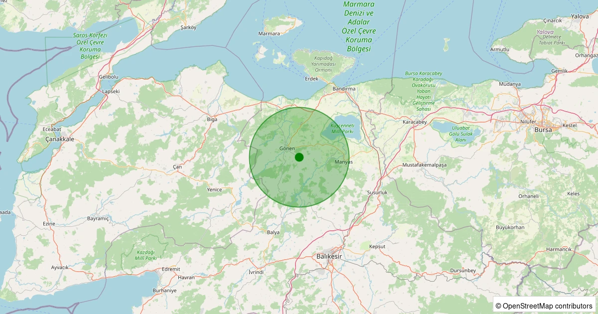 18 Kasım 2025 saat 12:41 - Gönen - Tütüncü - 1.50ml depreminin harita gösterimi