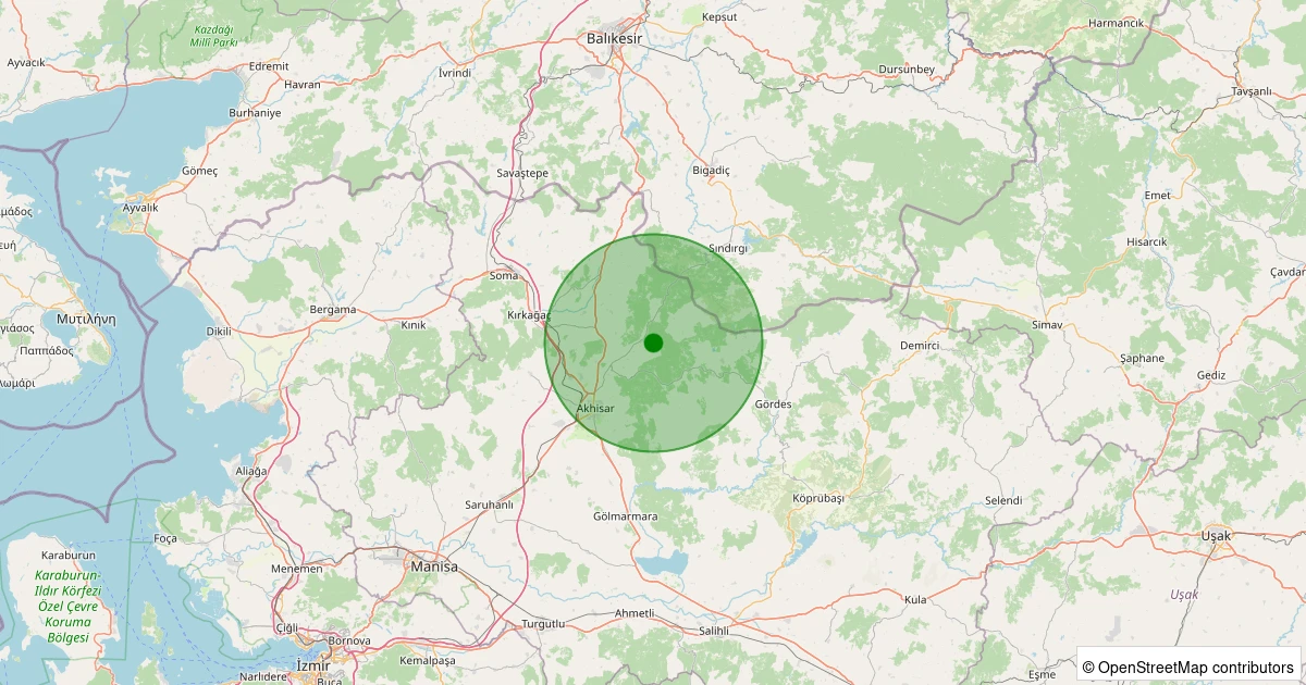 19 Kasım 2025 saat 09:05 - Akhisar - Muştular Köyü - 1.30ml depreminin harita gösterimi