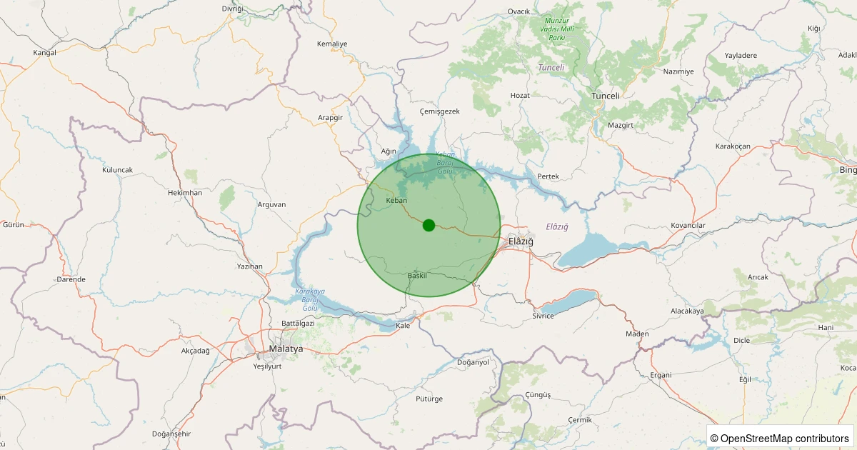 19 Kasım 2025 saat 12:32 - Keban - A.Çakmak Köyü - 1.00ml depreminin harita gösterimi