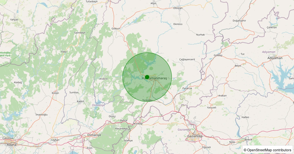 19 Kasım 2025 saat 12:45 - Onikişubat - Üngüt - 0.80ML depreminin harita gösterimi