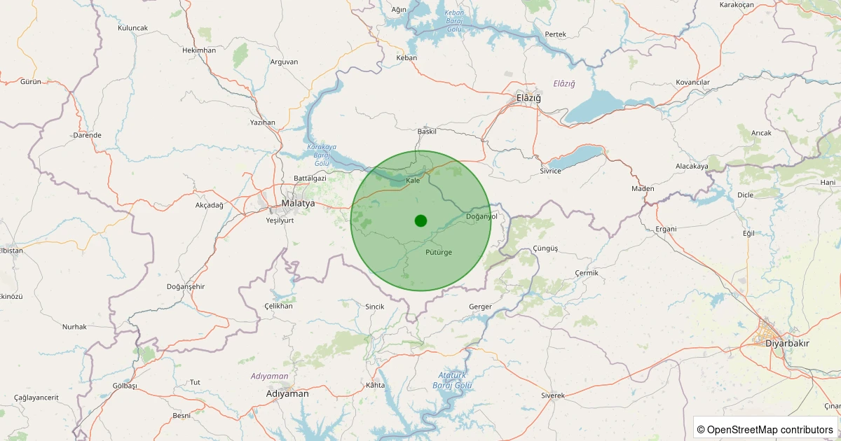 19 Kasım 2025 saat 19:06 - Pütürge - Karşıyaka Köyü - 1.50ml depreminin harita gösterimi