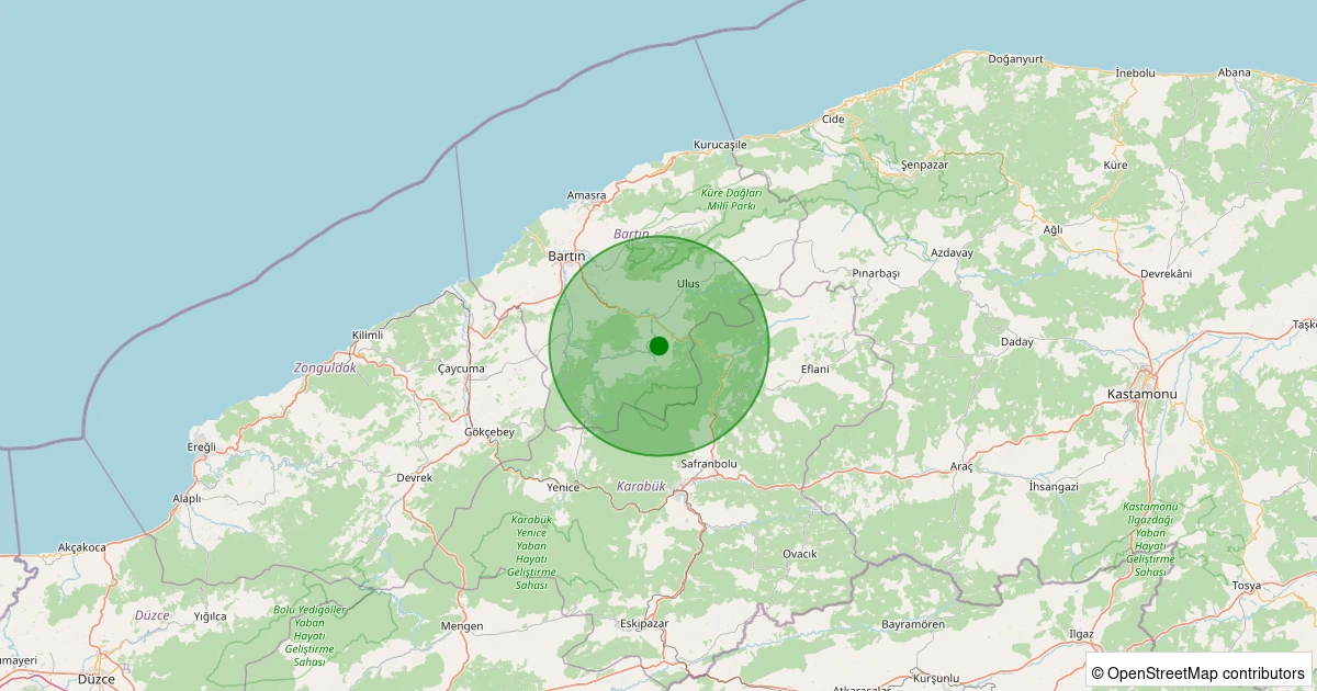 19 Kasım 2025 saat 19:44 - Ulus - Akörensöküler Köyü - 1.80ML depreminin harita gösterimi