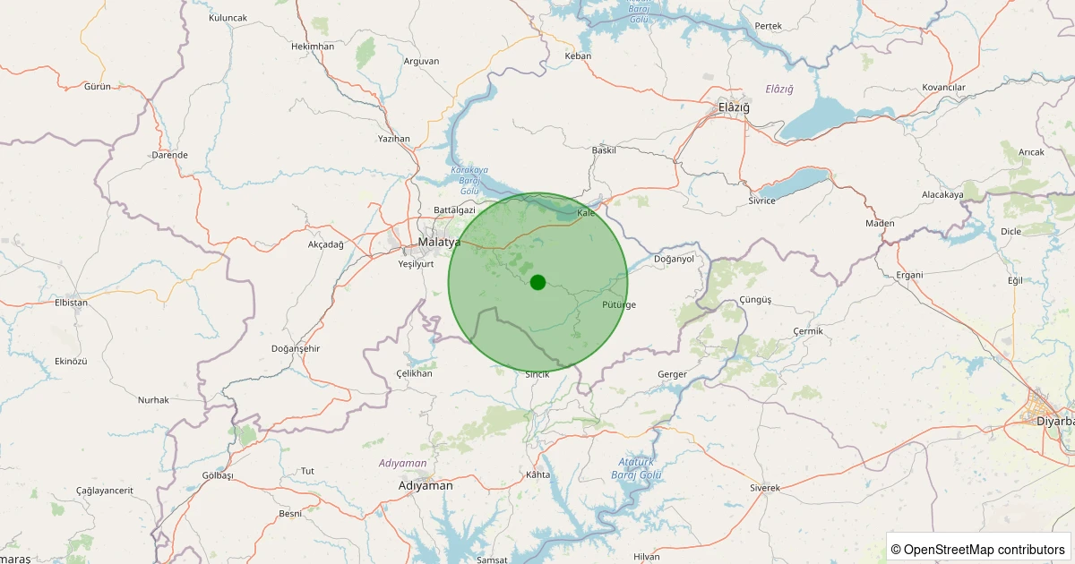 20 Kasım 2025 saat 09:36 - Pütürge - Kavaklıdere Köyü - 1.00ml depreminin harita gösterimi