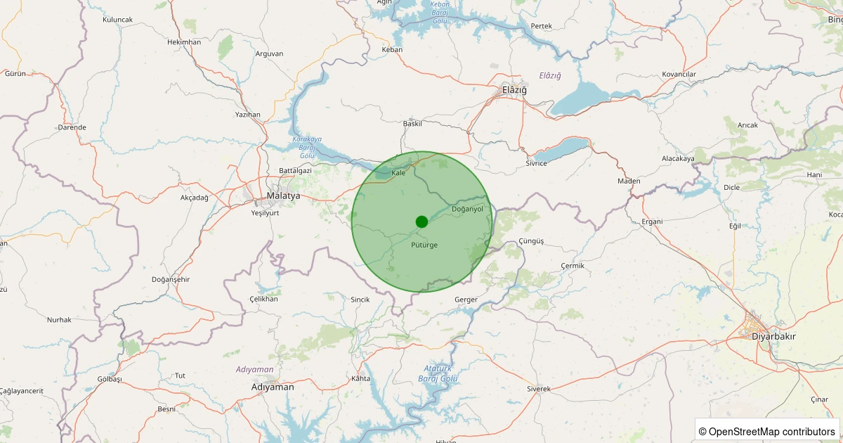 20 Kasım 2025 saat 10:59 - Pütürge - Aktarla Köyü - 1.50ml depreminin harita gösterimi