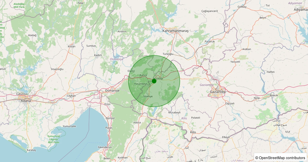 20 Kasım 2025 saat 12:29 - Nurdağı - Gökçedere - 1.90ml depreminin harita gösterimi