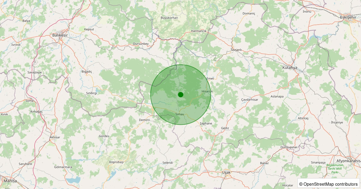 21 Kasım 2025 saat 22:08 - Simav - Yemişli Köyü - 1.80ml depreminin harita gösterimi