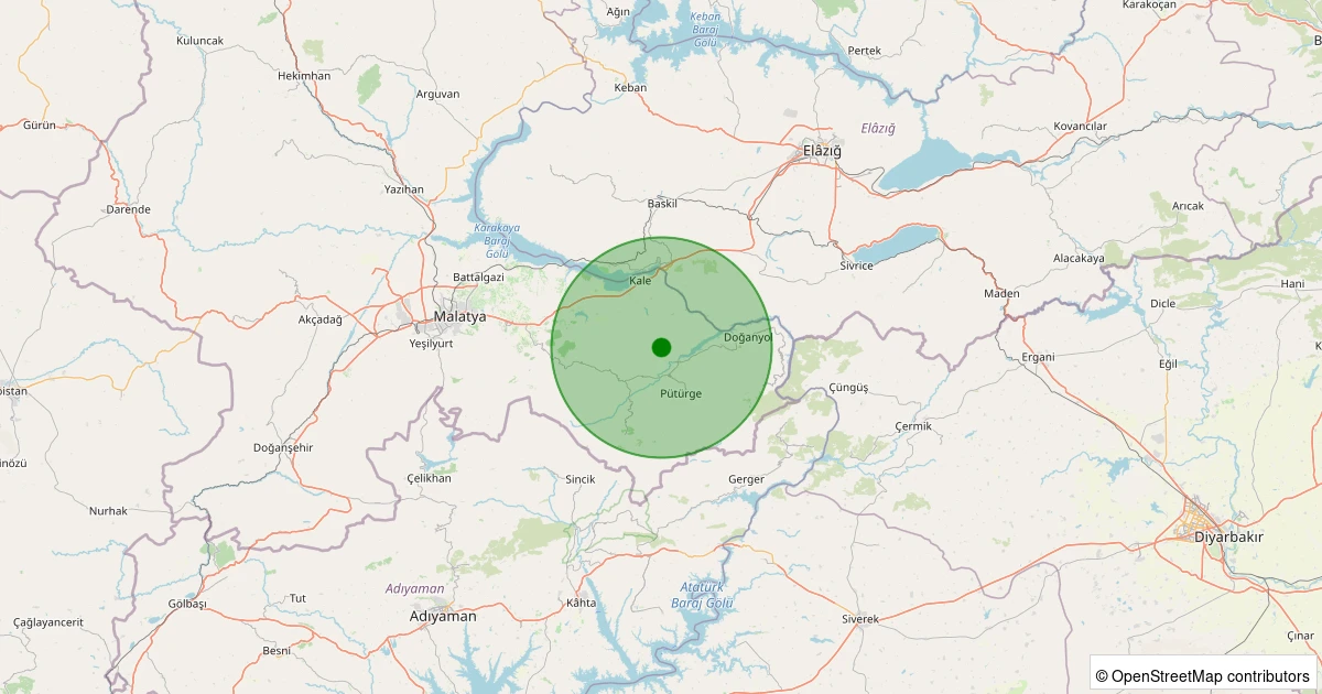 21 Kasım 2025 saat 22:26 - Pütürge - Karşıyaka Köyü - 0.70ML depreminin harita gösterimi