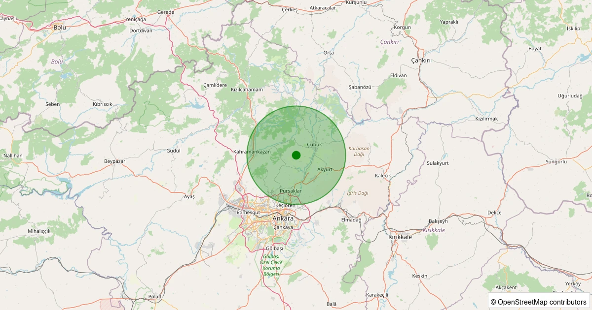 22 Kasım 2025 saat 12:55 - Çubuk - Kutuören - 1.60ML depreminin harita gösterimi