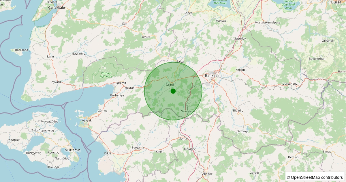 22 Kasım 2025 saat 13:20 - İvrindi - Yukarıkaleoba - 1.90ml depreminin harita gösterimi
