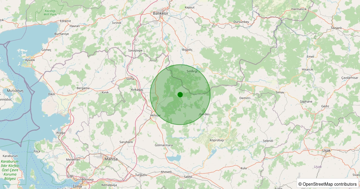 22 Kasım 2025 saat 13:45 - Akhisar - 1.30ml depreminin harita gösterimi