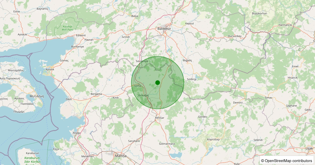 22 Kasım 2025 saat 19:08 - Kırkağaç - Yağmurlu - 1.30ml depreminin harita gösterimi