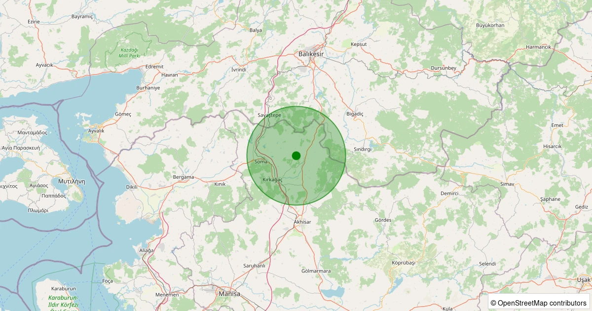 22 Kasım 2025 saat 19:22 - Soma - Karacakaş - 1.90ml depreminin harita gösterimi