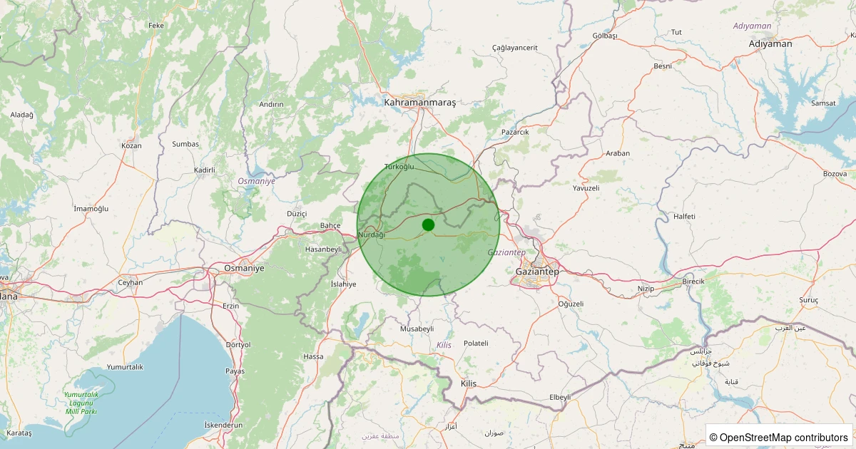 22 Kasım 2025 saat 20:23 - Nurdağı - Sakçagözü - 1.50ml depreminin harita gösterimi