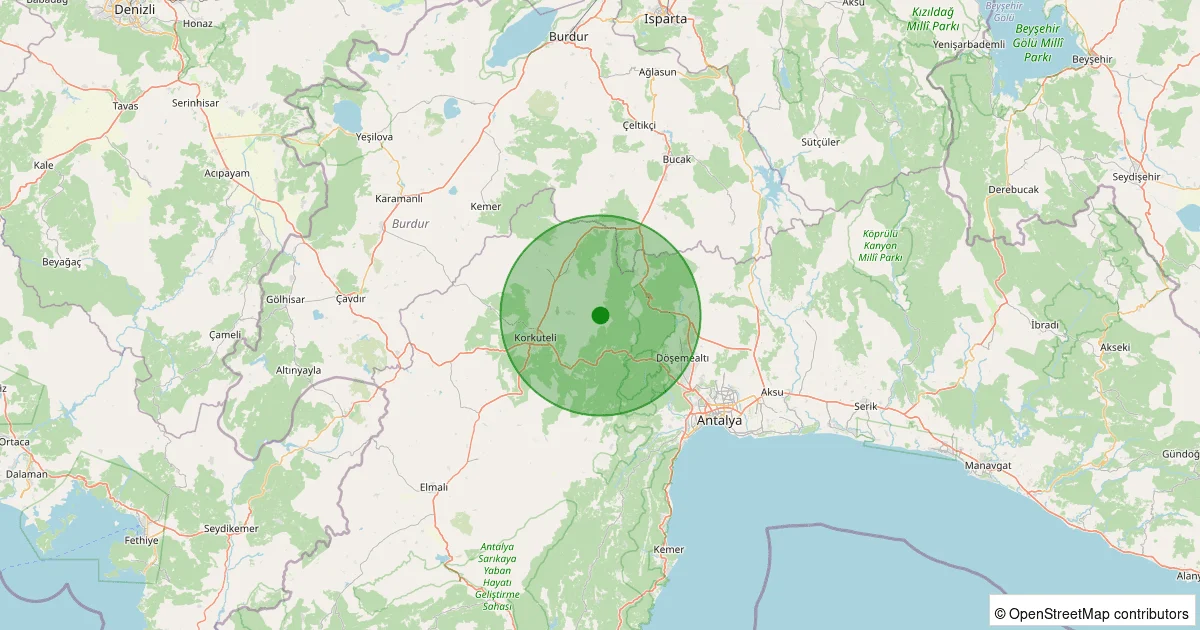 11 Ekim 2025 saat 13:17 - Korkuteli - Bayat Köyü - 1.30ml depreminin harita gösterimi