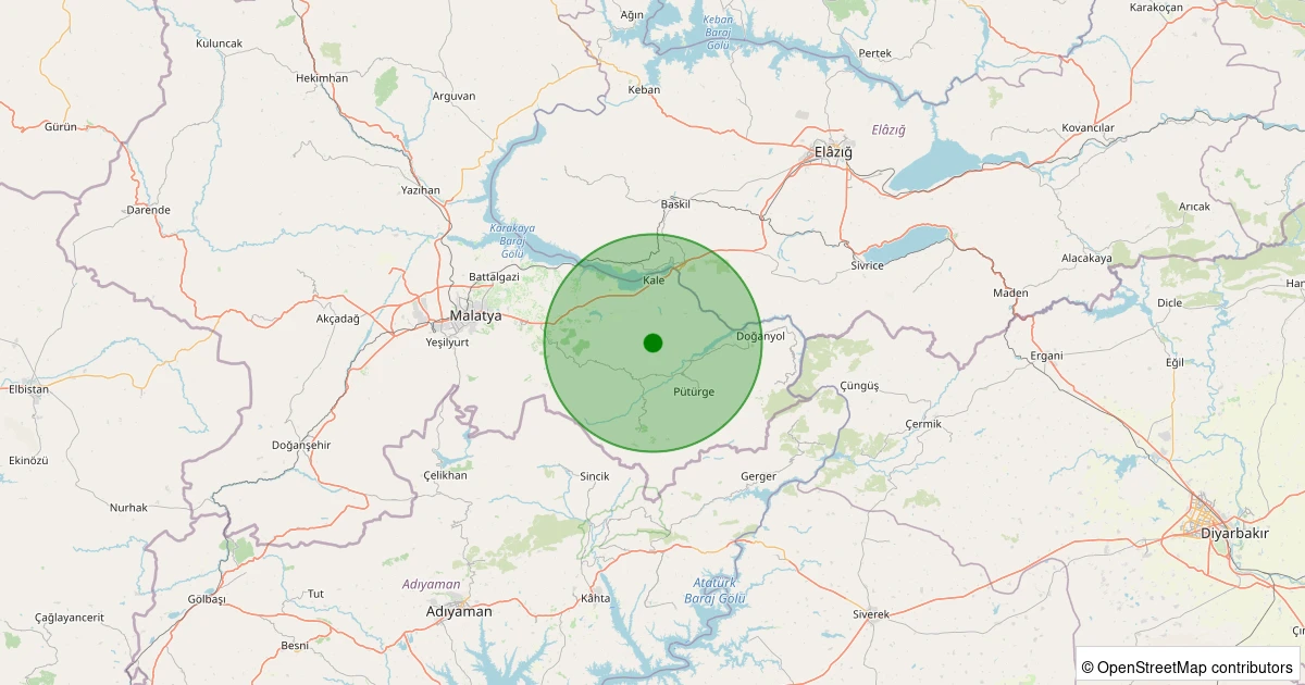 23 Kasım 2025 saat 04:17 - Pütürge - Karşıyaka Köyü - 1.10ml depreminin harita gösterimi