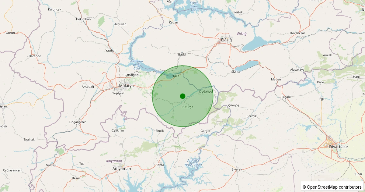23 Kasım 2025 saat 22:29 - Pütürge - Karşıyaka Köyü - 1.70ml depreminin harita gösterimi