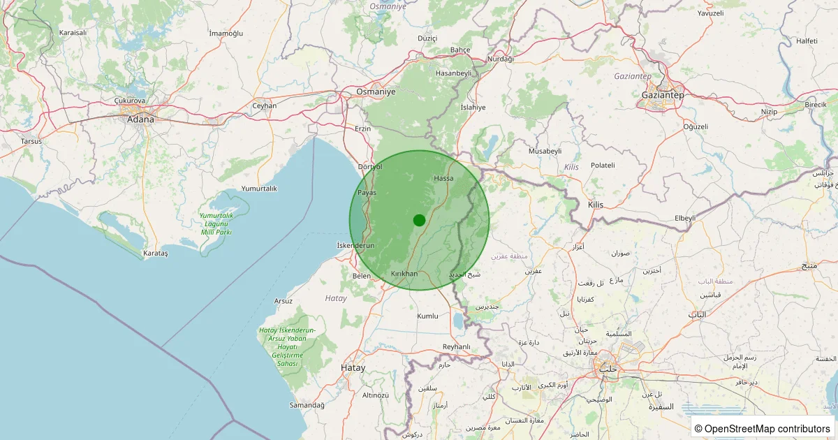 12 Ekim 2025 saat 01:38 - Hassa - Demrek Köyü - 1.50ml depreminin harita gösterimi