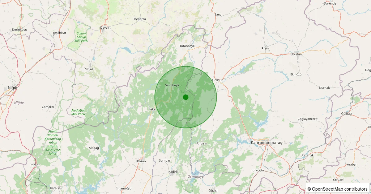 12 Ekim 2025 saat 01:52 - Saimbeyli - Aksaağaç - 1.20ml depreminin harita gösterimi