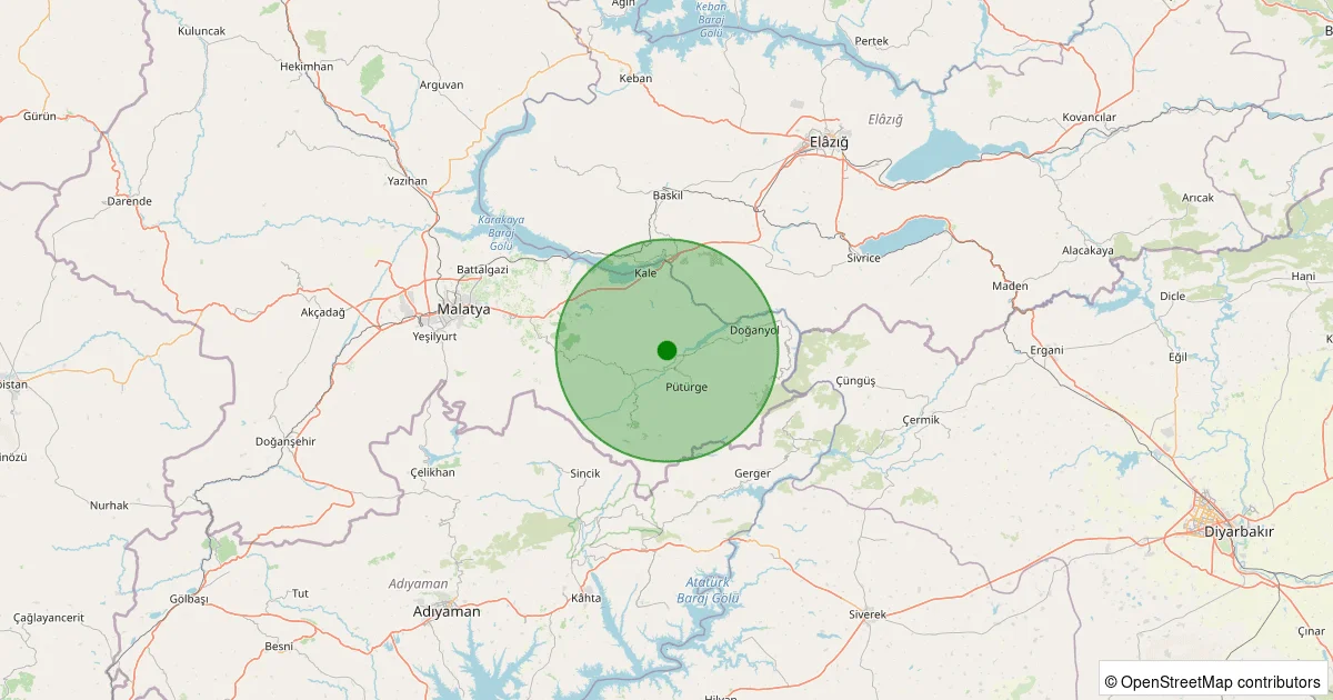 12 Ekim 2025 saat 02:12 - Pütürge - Aktarla Köyü - 0.80ML depreminin harita gösterimi