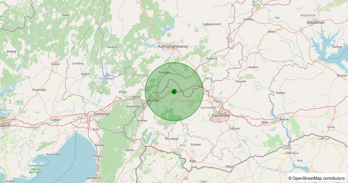 25 Kasım 2025 saat 11:57 - Nurdağı - Şatırhüyük - 1.30ml depreminin harita gösterimi