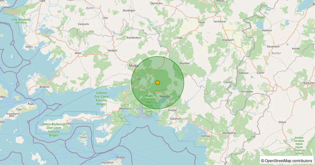 12 Ekim 2025 saat 06:40 - Ula - Arıcılar - 4.00ml depreminin harita gösterimi