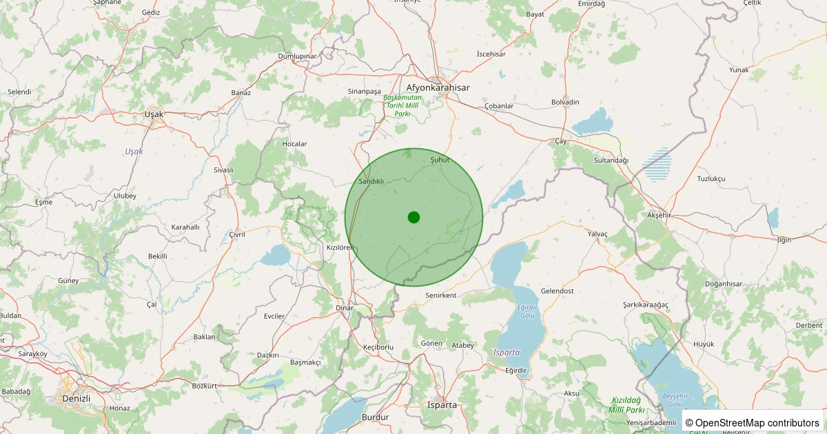 26 Kasım 2025 saat 12:21 - Dinar - Yıprak/Hisar Köyü - 1.10ml depreminin harita gösterimi