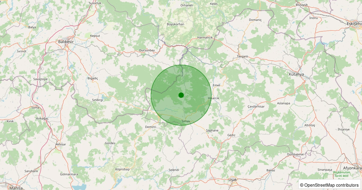 26 Kasım 2025 saat 19:11 - Simav - Karakoca Köyü - 1.30ml depreminin harita gösterimi