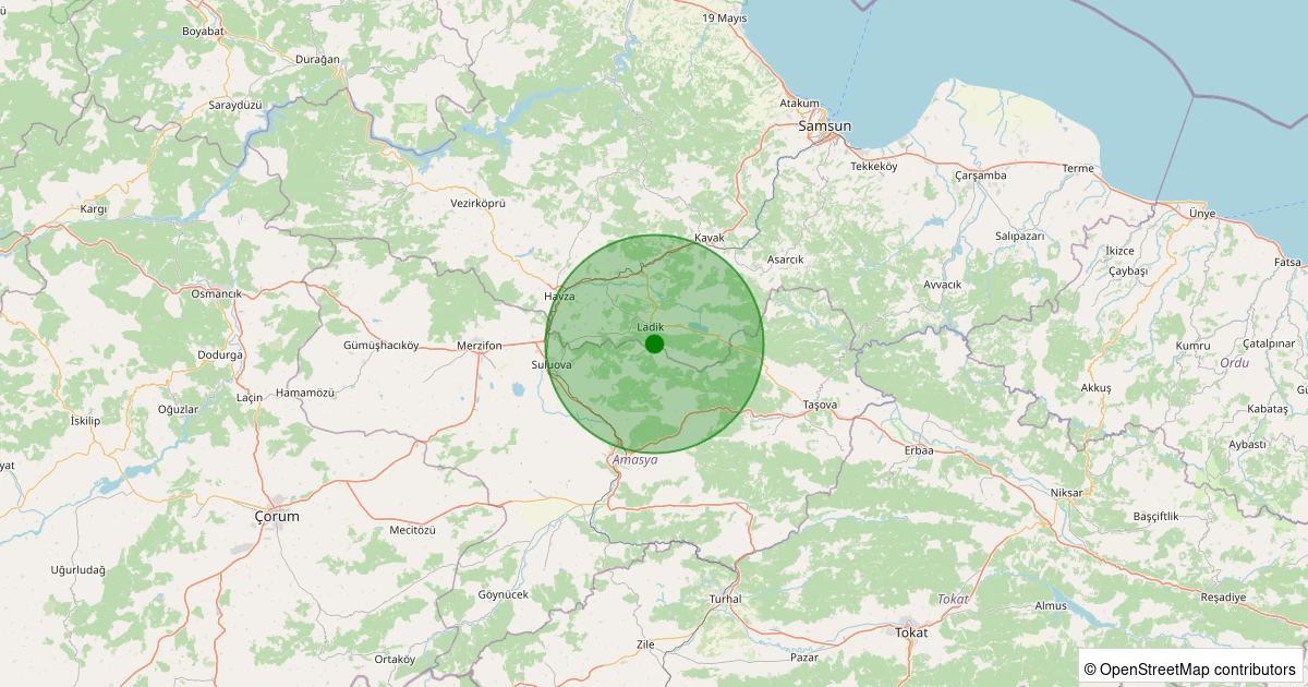 26 Kasım 2025 saat 23:23 - Ladik - Saray - 1.60ml depreminin harita gösterimi