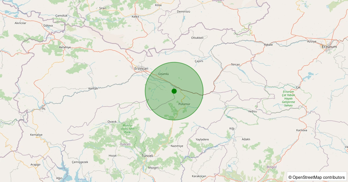 27 Kasım 2025 saat 20:01 - Pülümür - Dereköy Köyü - 2.10ml depreminin harita gösterimi