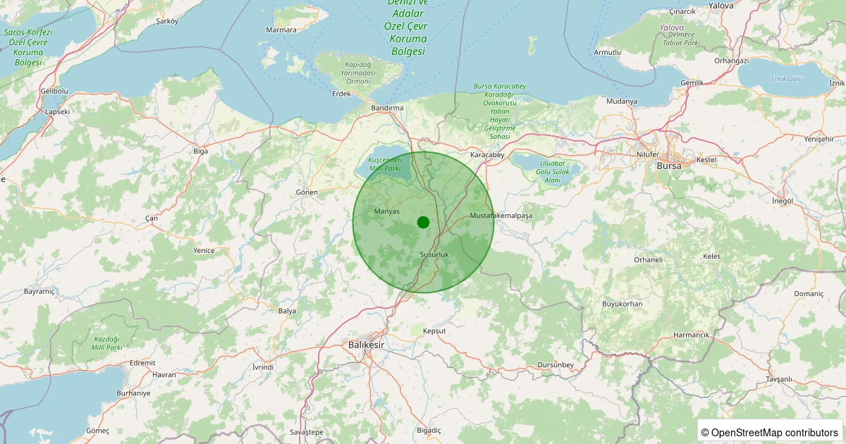 28 Kasım 2025 saat 13:28 - Susurluk - Göbel - 1.10ml depreminin harita gösterimi