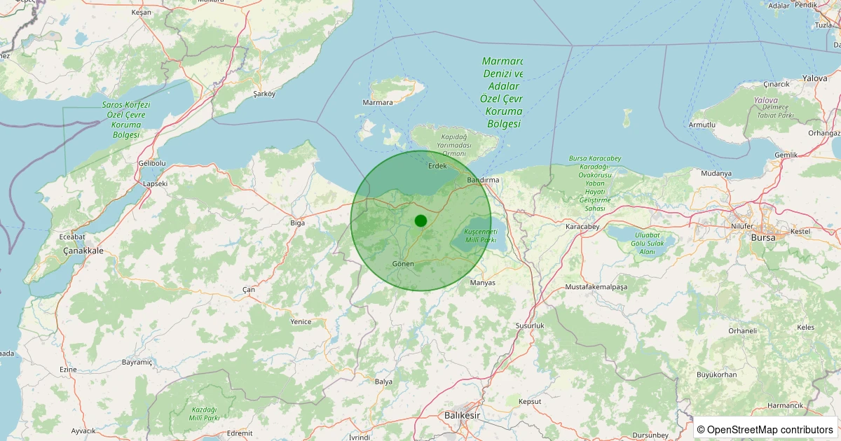 28 Kasım 2025 saat 13:45 - Gönen - Paşaçiftlik - 1.30ML depreminin harita gösterimi
