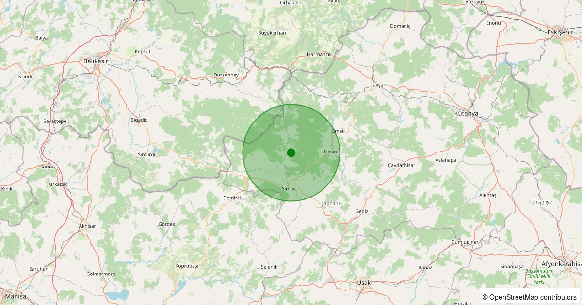 12 Ekim 2025 saat 14:14 - Simav - Maden Köyü - 2.10ml depreminin harita gösterimi