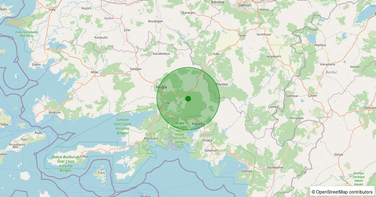 12 Ekim 2025 saat 13:59 - Ula - Arıcılar - 1.20ML depreminin harita gösterimi
