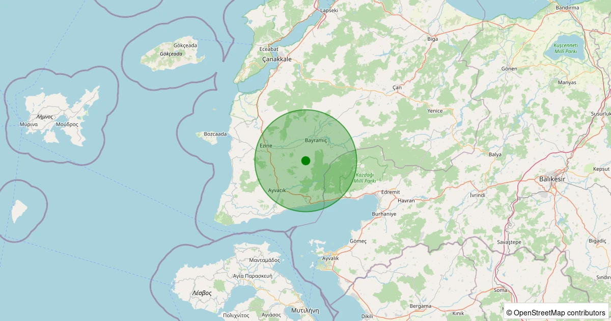 29 Kasım 2025 saat 10:56 - Bayramiç - Çaldağ Köyü - 1.30ml depreminin harita gösterimi