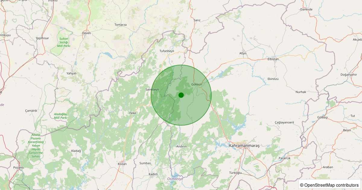29 Kasım 2025 saat 14:52 - Göksun - Yoğunoluk - 2.10ml depreminin harita gösterimi