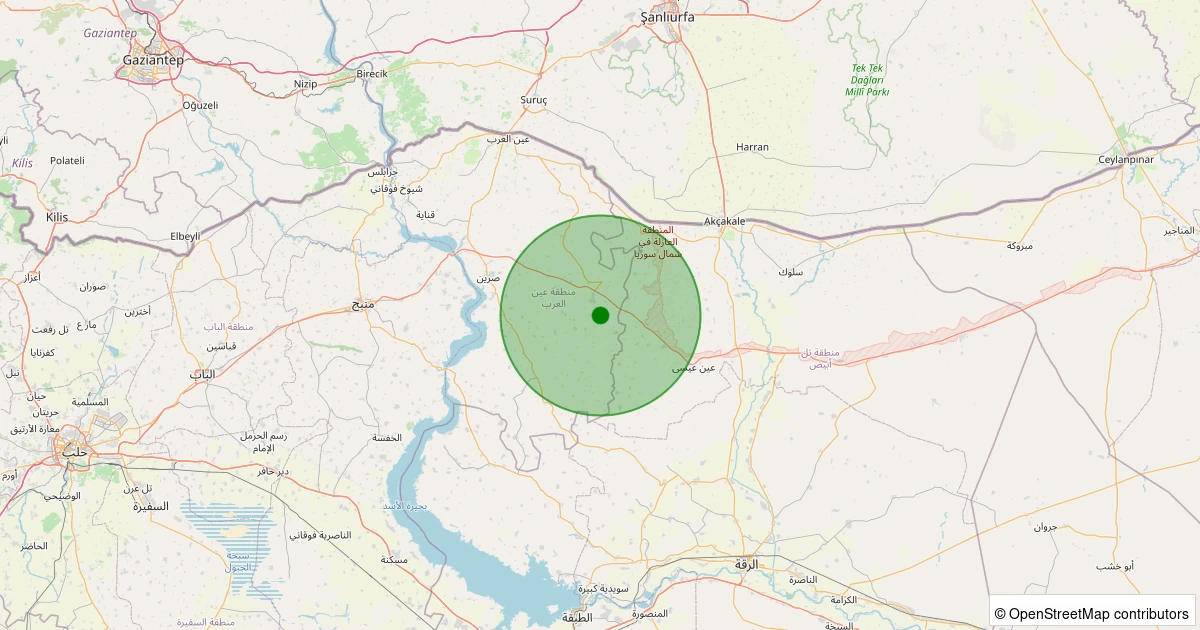 29 Kasım 2025 saat 17:58 - Ayn el-Arab, Halep (Suriye) - [27.14 km] Akçakale (Şanlıurfa) - 2.10ML depreminin harita gösterimi